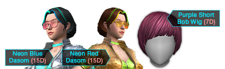 Neon Red Dasom 15D, Neon Blue Dasom 15D, Purple Short Bob Wig 7D